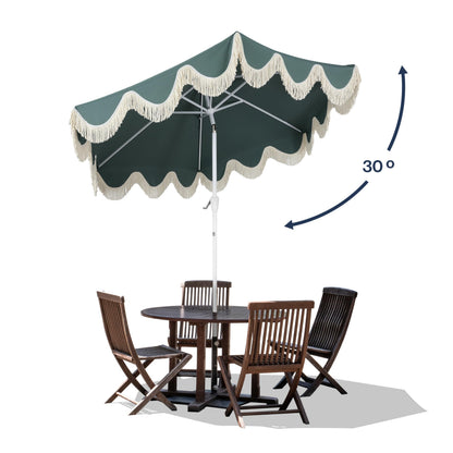 JONATHAN Y UMB1001K Collins 9 ft. Classic Cottage Fringe Tassel Market Patio Umbrella with Auto-Tilt Crank, Wind Vent and UV Protection in Green/Cream, White Pole