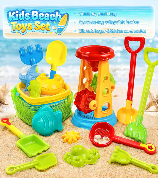 Collapsible Beach Sand Toys for Kids Toddlers, Collapsible Sand Bucket with Water Wheel Sifter Shovels Set with Mesh Bag and Sand Molds, Travel Beach Sandbox Toys for Boys Girls 3 4 5 6 7 8 9 10+