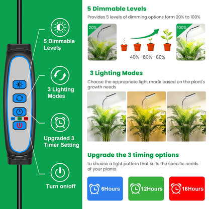 Eurbolan Grow Lights for Indoor Plants,153 LEDs Full Spectrum Plant Light, Plant Growing Lamp with 6/12/16 Timer, 5 Dimmable Levels,360° Gooseneck, 10''-65'' Adjustable Height for Small/Large Plant.