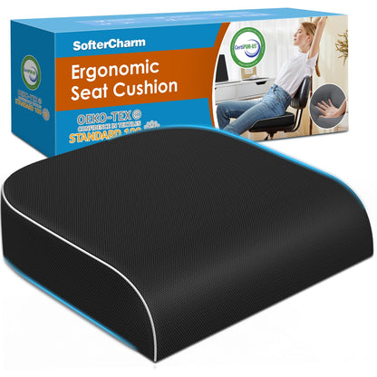 SofterCharm Seat Cushion, Memory Foam Office Chair Cushions for Long Sitting Hours, Chair Pad for Sciatica, Coccyx, Tailbone, Hip Pain & Pressure Relief, Office, Home, Car Seats, Airplane, Black/Large