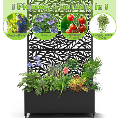 15.7"×70.9"×35.4" Metal Raised Garden Bed with Trellis and Wheels - Tall Trellis Planter Box for Climbing Plants, Vegetables & Vines - Outdoor Privacy Planters for Patio (Black-Spring)