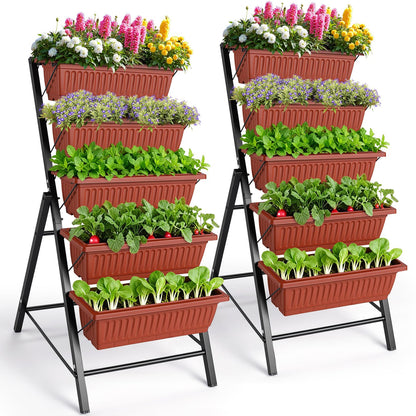 Suyncll 2 Pack Vertical Raised Garden Bed, 5 Tiers Elevated Planter Box with Drainage System and 4 Hooks, 4FT Vertical Planter for Herbs Vegetables Flowers, Dark Red