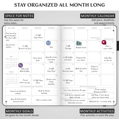 Legend Dated Hourly Weekly Planner 2026 – Daily, Monthly & Yearly Agenda with Time Slots – Hardcover Organizer Journal, 5.8x8.3” (Black)