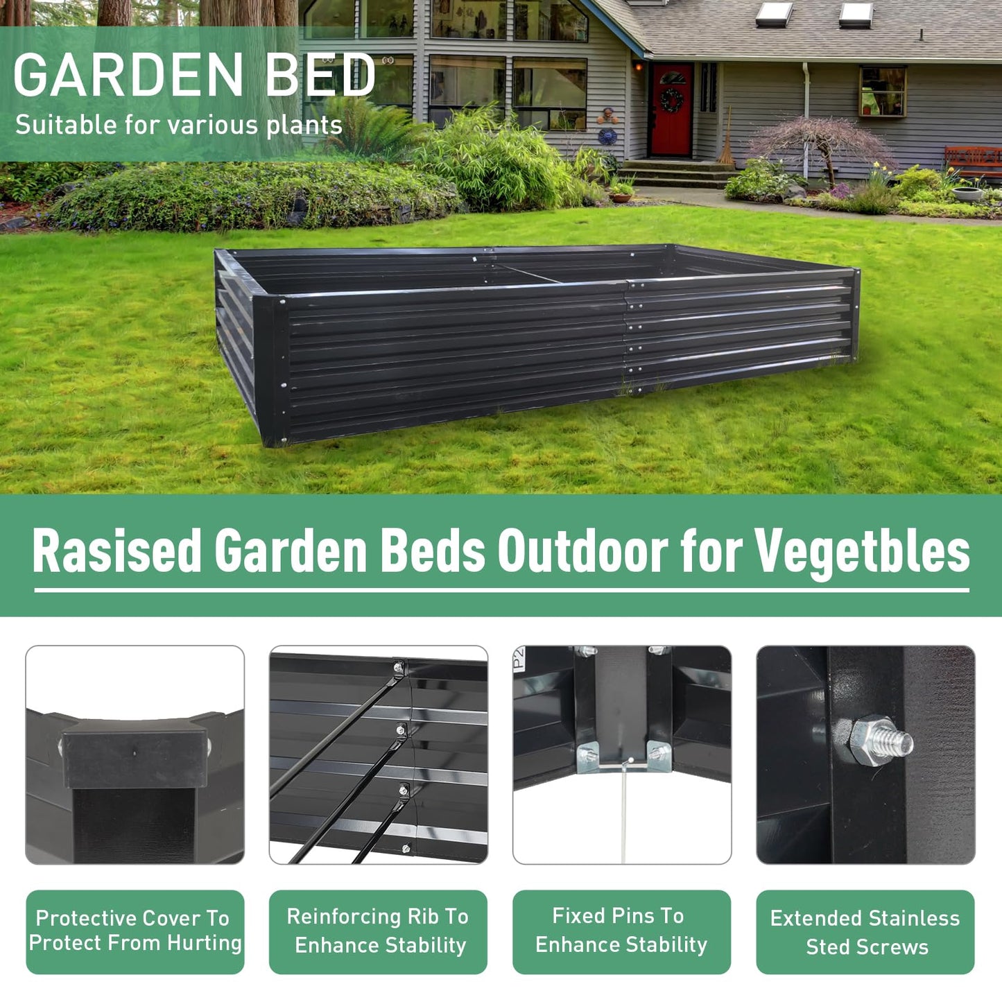 PICNICNI Metal Raised Garden Bed 8x4x1.5Ft Tall Outdoor Large Metal Galvanized Planter Boxes Kit for Vegetables, Flowers and Herbs,Garden Beds with 2Pcs Tomato Cage 1Pc Gloves,Black