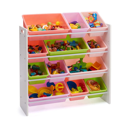 Amazon Basics Kids Toy Storage Organizer with 12 Plastic Bins, White Wood with Pink Bins, for Bedroom and Playroom, 33.85"D x 12.79"W x 35.42"H