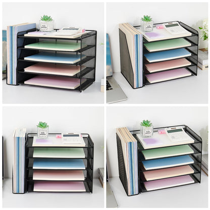 OPNICE Desk Organizer, 5-Tier Paper Organizer Letter Tray with Magazine Holder, Office Desk Accessories & Workspace Organizers, Desktop File Organizer for Office Supplies Storage, Black