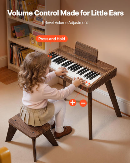VEVOR Kids Piano Keyboard, 37 Key Wooden Digital Piano for Kids, Mini Music Educational Instrument Toy Set with Realistic Sound, Dual Power, Adjustable Volume for Toddlers, Boys Girls Learning,Walnut