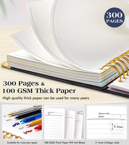 Spiral Notebook Journal with Removable Dividers Tabs, 300 Pages Hardcover Leather 5 Subject College Ruled Notebook, 8"x10" Large B5 Lined Journal for Women Men, Spiral Notebooks for Work School, Black