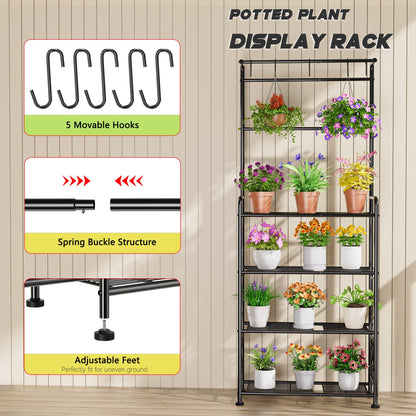 Plant Stand Indoor Outdoor Heavy Duty Metal - 68.4" Tall 4-Tier Shelf for Multiple Plants, Flowers, Rustproof Black Storage Rack for Patio, Balcony, Living Room, Garden, Includes Hooks&Adjustable Feet