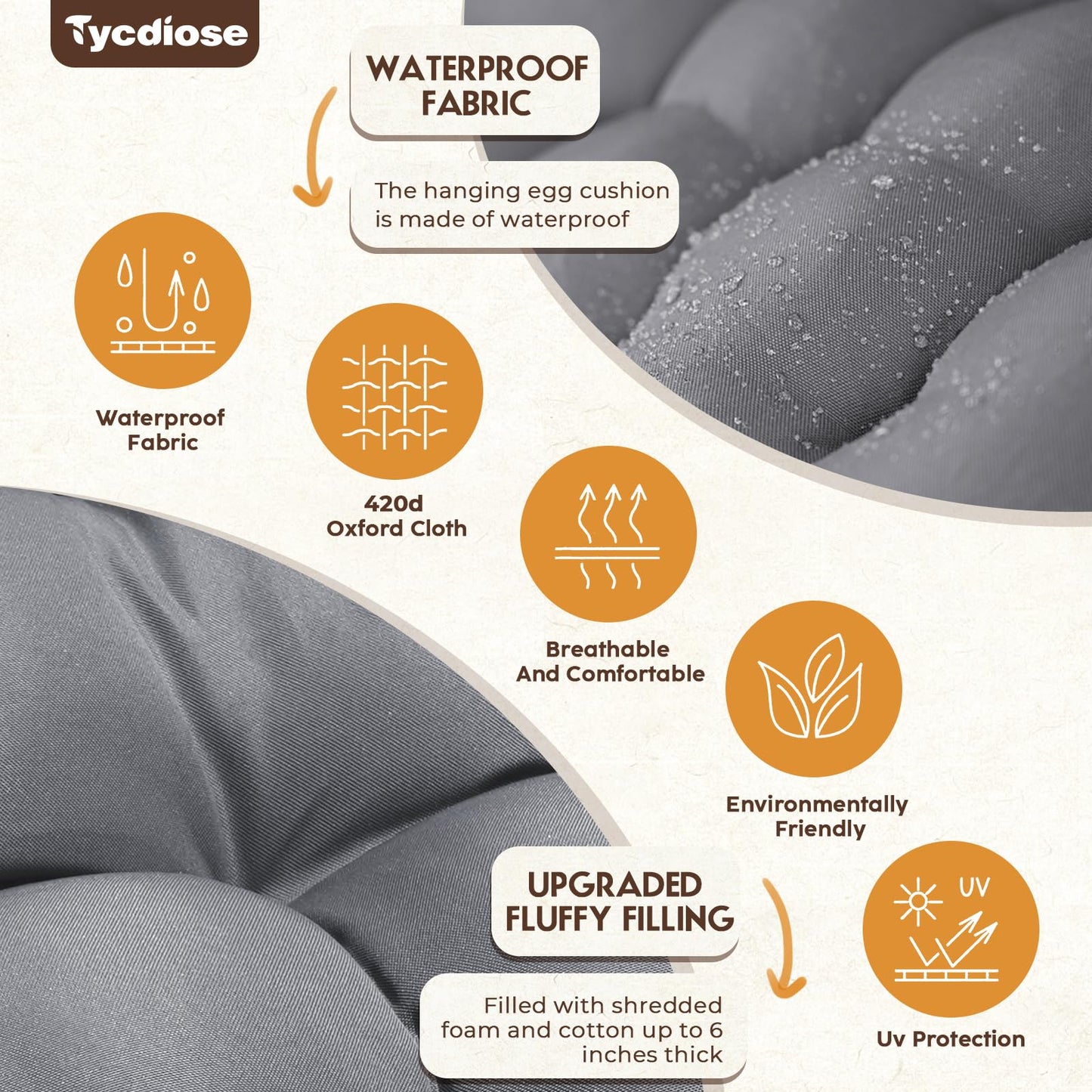 Tycdiose Egg Chair Cushion Replacement, Waterproof Outdoor Hanging Egg Swing Chair Cushions Pads, U-Shaped Thickened Cushions for Hanging Eggs Chair with Ties, 47x33x7 Inches (Grey)