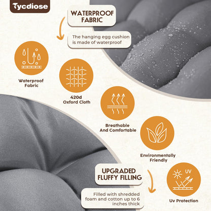 Tycdiose Egg Chair Cushion Replacement, Waterproof Outdoor Hanging Egg Swing Chair Cushions Pads, U-Shaped Thickened Cushions for Hanging Eggs Chair with Ties, 47x33x7 Inches (Grey)