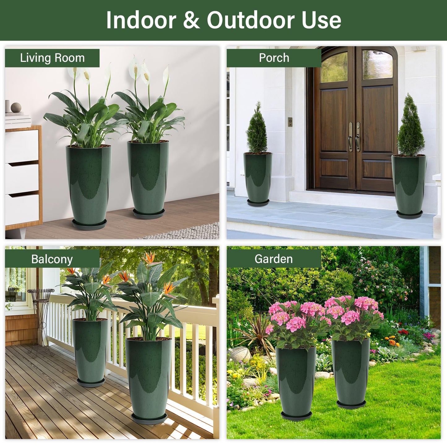 Neoaider Set of 2 Lightweight Ceramic-Look Tall Planter, 21 inch Large Plastic Planter with Drain Hole & Saucers, Large Outdoor Planters for Porch, Garden, Patio, Balcony(Dark Green)