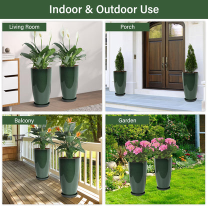 Neoaider Set of 2 Lightweight Ceramic-Look Tall Planter, 21 inch Large Plastic Planter with Drain Hole & Saucers, Large Outdoor Planters for Porch, Garden, Patio, Balcony(Dark Green)