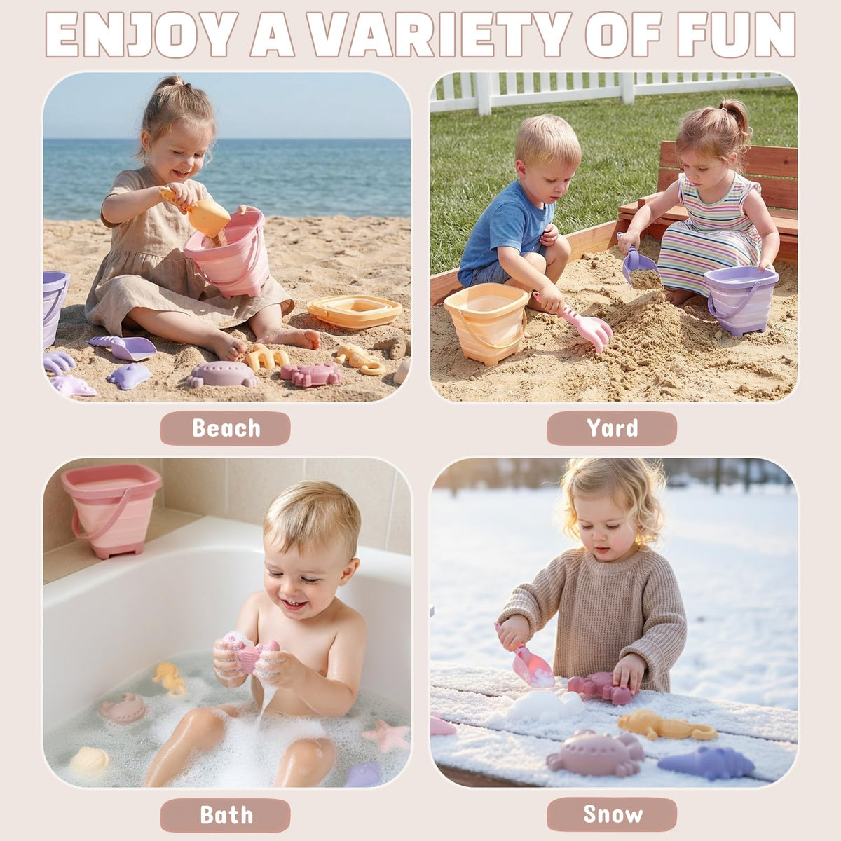3 Pack Beach Toys Set for Kids Toddlers Girls, Collapsible Sand Buckets with Beach Molds and Mesh Bag, Sandbox Travel Toys Beach Vacation Essentials, Camping Gear, Fishing (Purple/Pink/Yellow)