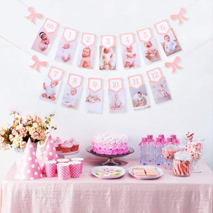 Pink Bow Monthly Milestones Photo Banner - Baby Girls Newborn to 12 Months Photo Display, 1st Birthday Photo Banner for Baby Girls, Bow 1st Birthday Decorations