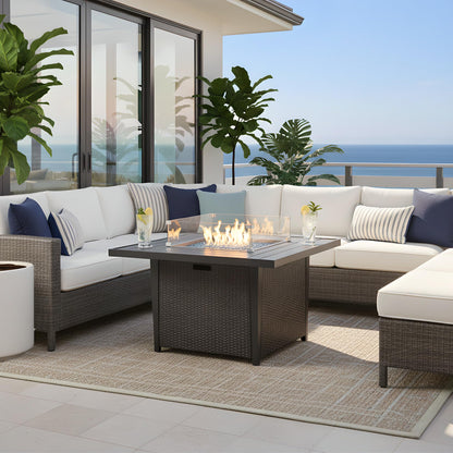Kinger Home Ethan Rattan 42-Inch Propane Gas Fire Pit Table, Outdoor Patio Firepit, 50,000 BTU, Includes Wind Guard & Fire Glass