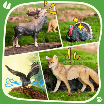 Toymany 14PCS Mini North American Forest Animals Figurines, Realistic Jungle Animal Toys Includes Elk Pronghorn Leopard Gey Fox for Kids Adults Toddlers