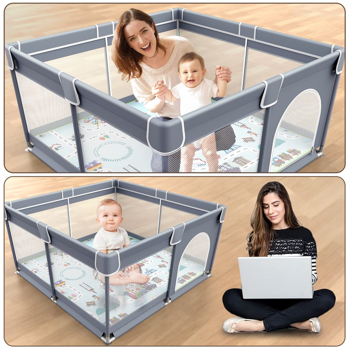 VANCLE Baby Playpen with Mat 50x50 Inch, Playpen for Babies and Toddlers, Playard for Kids Safety Play Yard Indoor & Outdoor Baby Fence Activity Center (50"x50", Gray)
