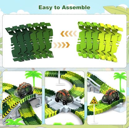 Dinosaur Toys for Kids 3-5, Glow in The Dark Flexible Train Track Playset, 2 Dinosaur Car for 3 4 5 6 7 Year & Up Old Boys & Girls Best Gift