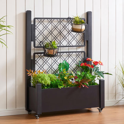 Foresland Metal Raised Garden Bed with Trellis, 50Hx38Wx14D Inch Compact Planter Box for Climbing Plants, Patio Balcony Garden, Privacy Screen with Wheels and Drainage Holes, Black
