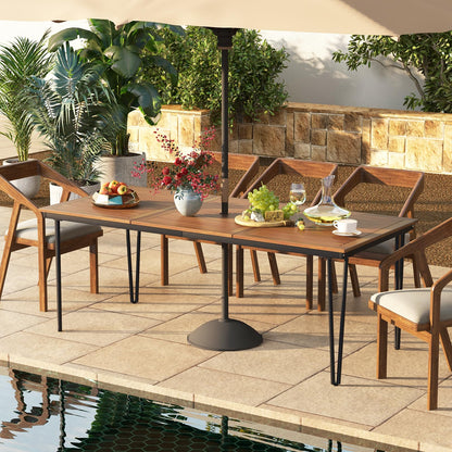 Tangkula 79 Inch Outdoor Dining Table for 8, Acacia Wood 8-Person Patio Table with 1.9 Inch Umbrella Hole, Metal Legs & Adjustable Foot Pads, Rectangular Outside Table for Garden, Poolside & Backyard