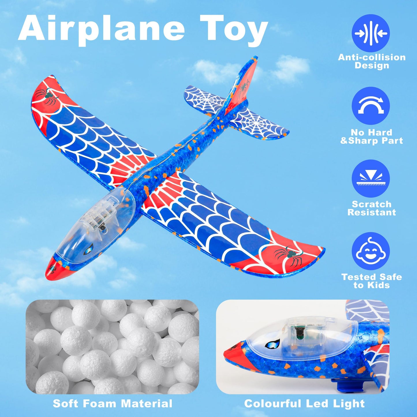 HitToys Airplane Launcher Toy for Kids&Hover Soccer Ball Toy for Kids, 3 Pack Spider Foam Gliders Air Planes,2 Pack Indoor Soccer Ball with Led Light for Old Boys Girls Outside Sport Games Birthday
