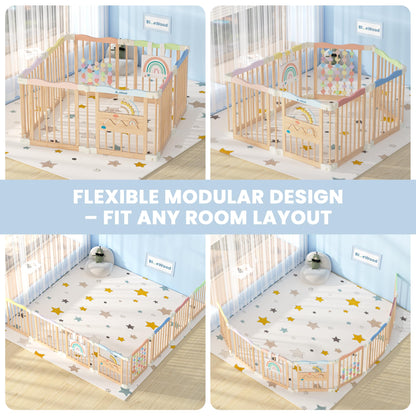 Foldable Wooden Baby Playpen - Adjustable Wood Play Yard, Indoor Large Safety Fence for Babies and Toddlers - No Door Design, 45 x 45 x 24 inches, Pastel Dream