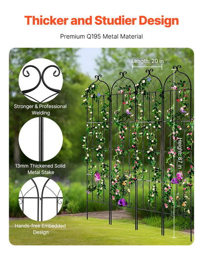 VEVOR Garden Trellis for Climbing Plants, 87 x 20 in, 4 Packs Rustproof Metal Garden Flower Rose Trellis, Outdoor Climbing Clematis Trellis Cucumbers Support for Courtyards Lawns