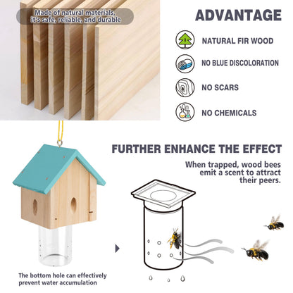 Carpenter Bee Trap for Outside - Best Bee Trap - Blue Cabin Style Nature Hanging Wood Carpenter Bee Traps Outdoor - Insect Traps with Removable Vault (1 Pack)