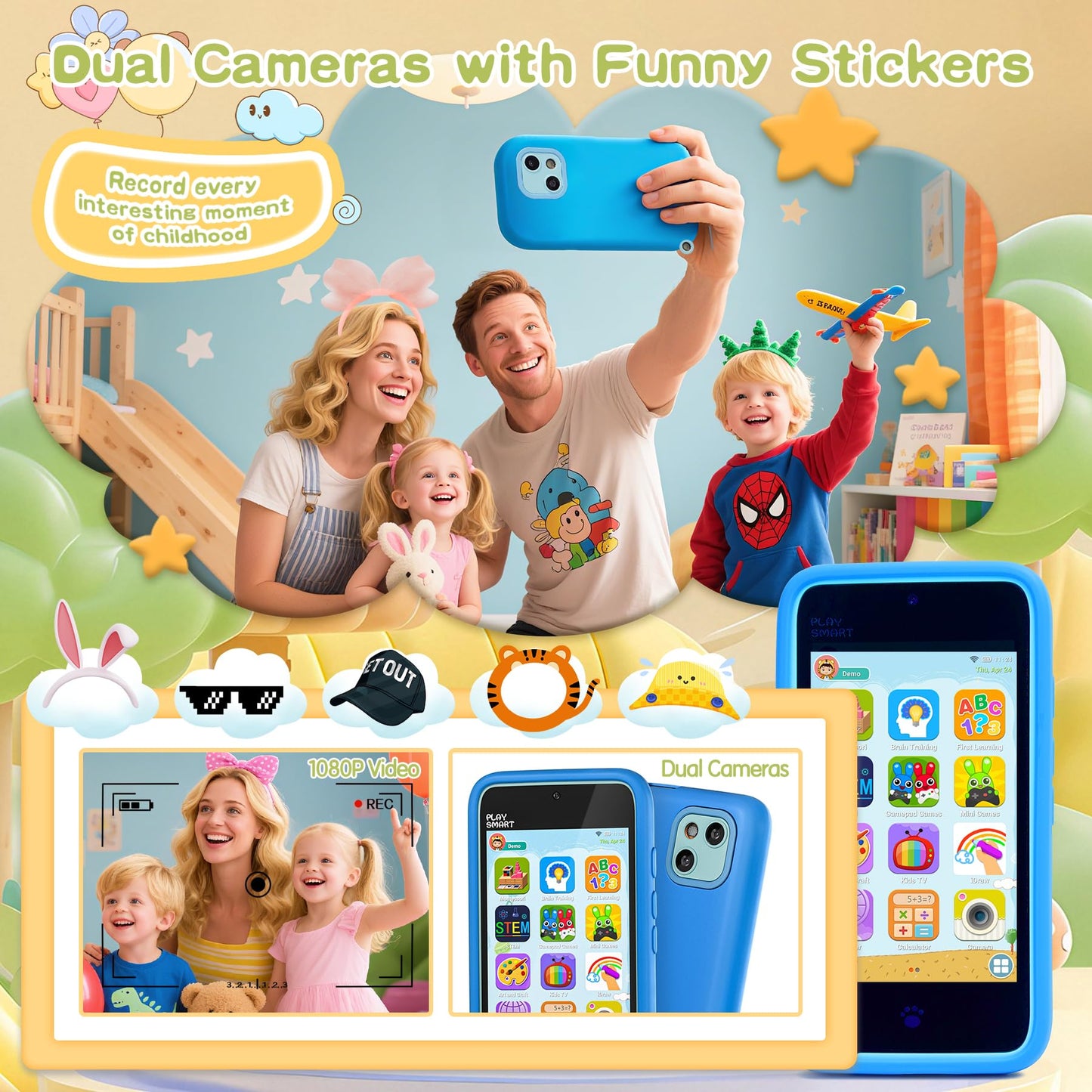 PAMOX Kids Toy Phones with Dual Camera, Learning Toys Phones Gifts for Kid 3-12 with 200+ Educational Puzzle Games, 4" Touchscreen Rechargeable Blue Child Smartphones with Parental Control