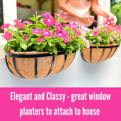 LaLaGreen Wall Planters - 16 Inch, 2 Pack Deck Railing Planter Boxes for Outdoor Plants, Window Flower Box with Coco Liners Metal Horse Troughs Fence Balcony Garden Herb Pot Patio Porch Over Rail