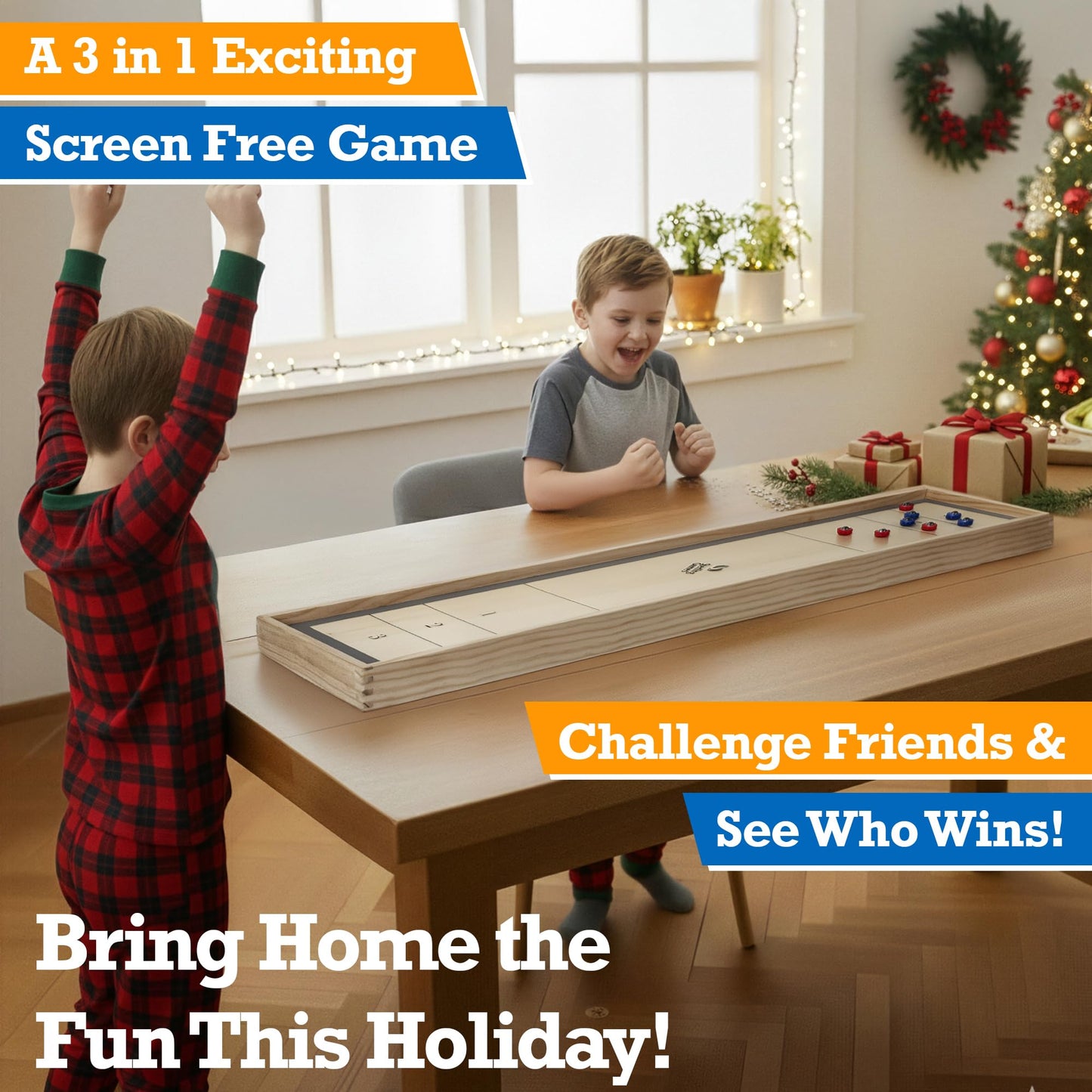 Sterling Games Tabletop Shuffleboard, Bowling and Curling 3 in 1 Combo Game Set, Two Sided Wooden Arcade Game Board with Pucks and Bowling Pins, a Table Top Game for Kids and Family