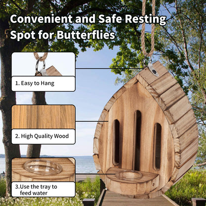 Butterfly House Butterfly Habitat Garden - Wooden Butterfies Houses with Feeder Hanging Garden Decoration Natural Nesting Box for Butterflies Bugs Moths & Lacewings