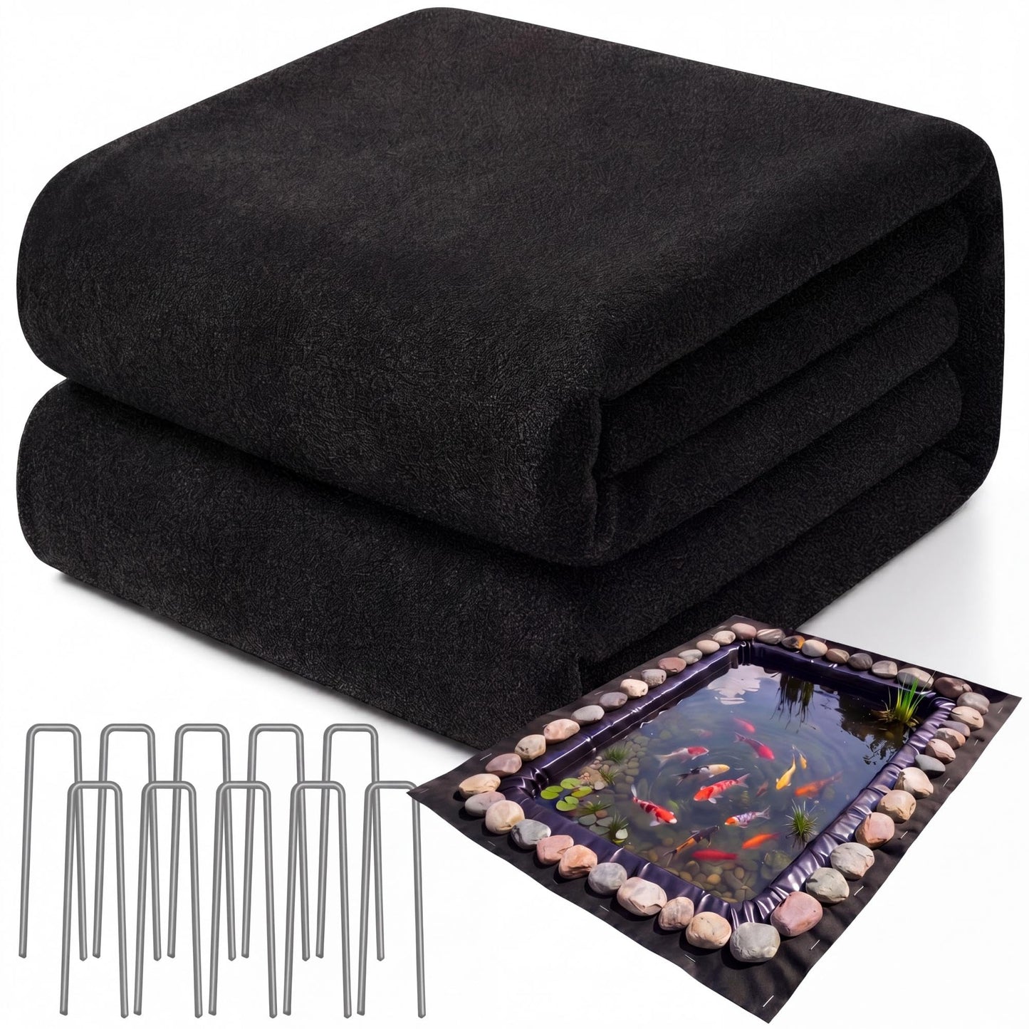 Fanfanwin 15 x 15 ft Pond Liner Underlayment 6oz Heavy Duty Black Non Woven Geotextile Underlayment Fabric with 10 U-pins for Outdoor Pond Streams Fountains Garden Waterfalls Fishpond Weed Barrier
