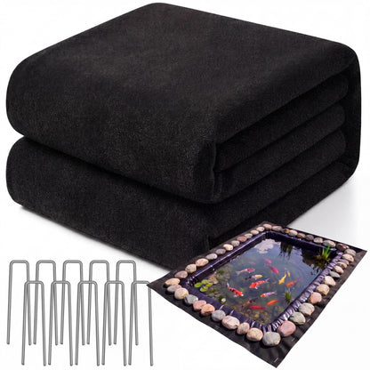 Fanfanwin 15 x 15 ft Pond Liner Underlayment 6oz Heavy Duty Black Non Woven Geotextile Underlayment Fabric with 10 U-pins for Outdoor Pond Streams Fountains Garden Waterfalls Fishpond Weed Barrier