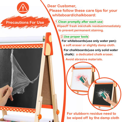Art Easel for Kids, Kids Art Easel with 3 Paper Roll,Adjustable Standing Wooden Toddler Easel for Painting Double Sided, Magnetic Whiteboard and Chalkboard,3in1 Painting Easel for 2-4 4-8 Orange