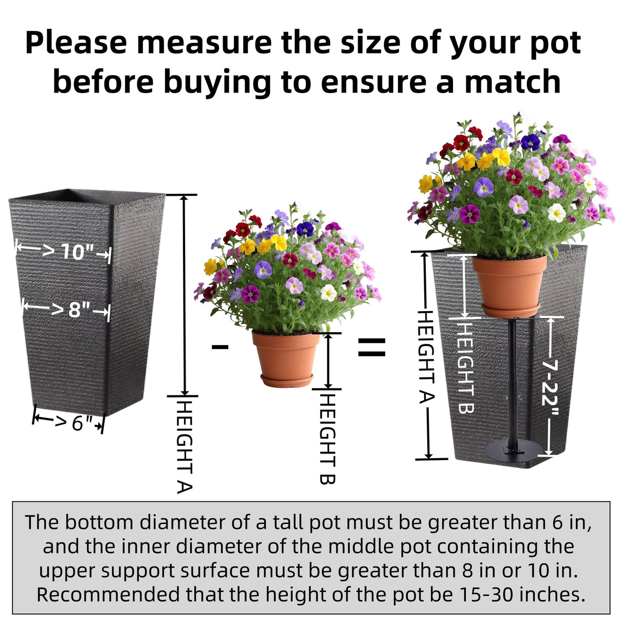 ZSHIGANMA 3 Pack Plant Risers for Inside Pots, Adjustable Height 7-22" Metal Planter Lift Inserts Fillers Risers for Indoor Outdoor Large Tall Taper Planter Flower Pot (6" Base,8",10" Top,Black)