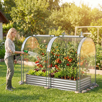 Giantex Galvanized Raised Garden Bed with Greenhouse Cover, 6x3x1 FT Outdoor Metal Oval Tall Planter Box with 2 Roll-up Windows, Clear PVC Mini Greenhouse for Vegetables Flowers Herbs Patio (Silver)