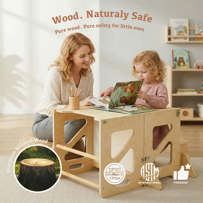 Toddler Kitchen Stool, 4 in 1 Foldable Toddler Tower with Anti-tip Structure, Montessori Learning Standing Tower for Kitchen Counter & Bathroom Sink, Kitchen Stool Helper for Kids 18M+
