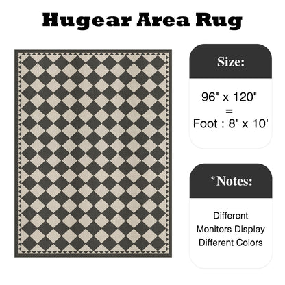 HUGEAR 8x10 Outdoor Rug Black/Beige Linen-Look Fabric Checkered Area Rug High Traffic Stain Resistant Easy Clean Durable Rugs for Indoor/Outdoor Patio Deck Balcony Porch Garden Courtyard