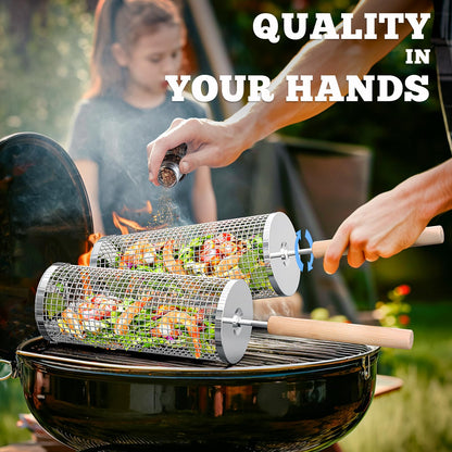 ivtivfu Rolling Grill Basket, Removable Wooden Handle, 304 Stainless Steel, Nesting BBQ Tools, Smoker Grilling Accessories for Vegetable, Outdoor Cooking Camping, Birthday Gifts for Men Dad Husband
