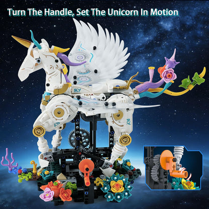 Gaitel Unicorn Building Blocks Set - STEM Toys for Girls & Boys Ages 8-14+, Crank-Powered Movement, Movable Wings & Legs, Flower Base, Birthday Gift for Kids & Adults, Home/Office Decor(817+Pieces)