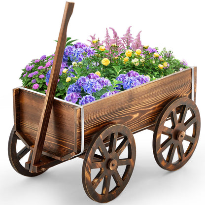 Beeveer Wooden Wagon Flower Planter Cart Garden Planter Box with Wagon Wheels Cart for Home Garden Outdoor Balcony Decorative, Patio Flowers Herbs Vegetables, Brown 34 x 23.5(Small Classic)