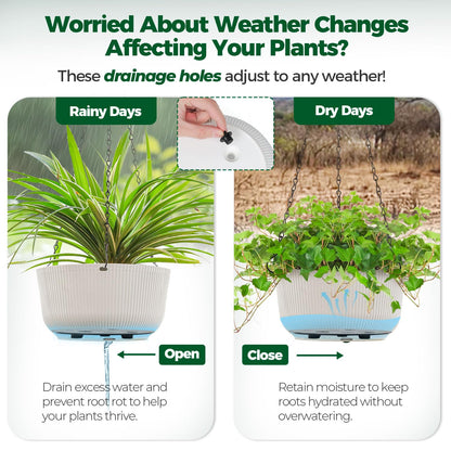 T4U 10 Inch Hanging Planters for Indoor Plants, 2 Pack White Self Watering Hanging Plant Pot, Hanging Pots Set with Drainage Hole & Plug & Chain with 3 Hooks for Garden Home Decor