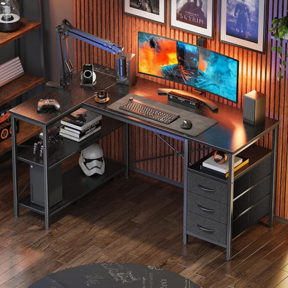 Alpen Computer Desk with Drawers, L Shaped Desk for Bedroom with Power Outlets, Gaming Table with 3 Drawers and Shelves, Corner Desk for Gaming, Study Writing PC Table, 47 Inch, Black