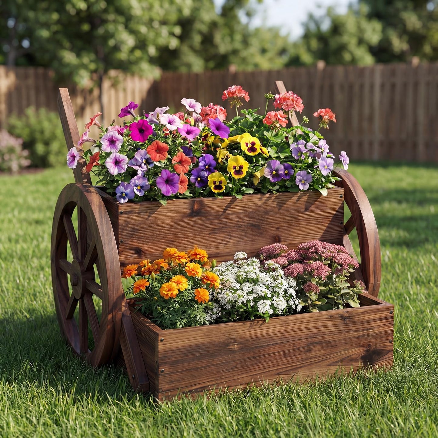 Giantex Wooden Wagon Planter Box, Rustic Garden Planter with Wheels, Handles & Drainage Holes for Flowers Herbs Vegetables, Indoor Outdoor Decorative Flower Cart for Patio Balcony (1)