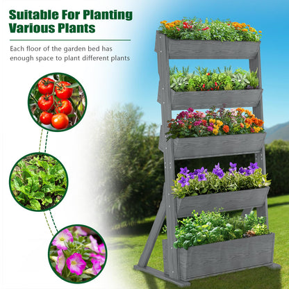 SUNYRISY 5 Tiers Vertical Raised Garden Bed Outdoor Planter Tower, Wooden Freestanding Planter Box for Planting Herbs Flowers Vegetables Backyard Patio Balcony Indoor Outdoor Gardening, Grey