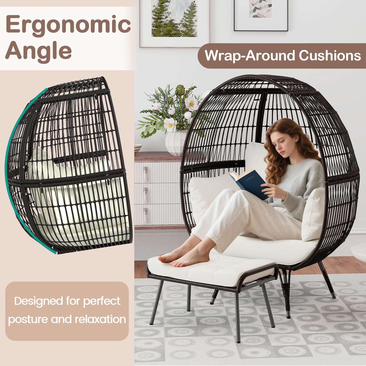 Tangkula Oversized Wicker Egg Chair with Ottoman, Patio Lounge Basket with 5 Soft Cushions, Stable Metal Frame, Gorgeous Indoor Outdoor Lounge Chair, Ideal for Living Room, Backyard, 450 LBS Max Load