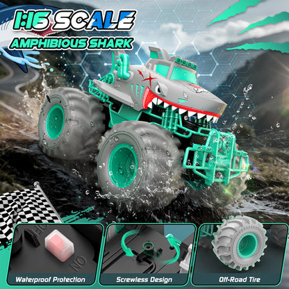 Salazaza Waterproof Shark Remote Control Car, 1:16 Amphibious RC Cars 4WD All Terrain Off Road Monster Trucks Toys, RC Truck Toys for Kids 3-5 6-8 8-12 Year Old Boy Birthday Gift, Gray