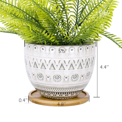 VanEnjoy 5.6 inch Large Round Bohemian Style Ceramic Planter, Geometry Engrave Off White Brown Succulent Planter Flower Pot, Indoor Outdoor Decorative Planter